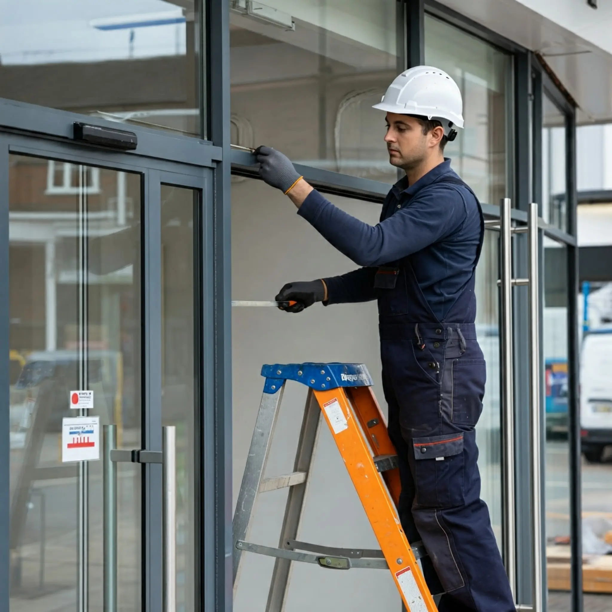 Specialist technician completing a commercial door repair in a Watford office